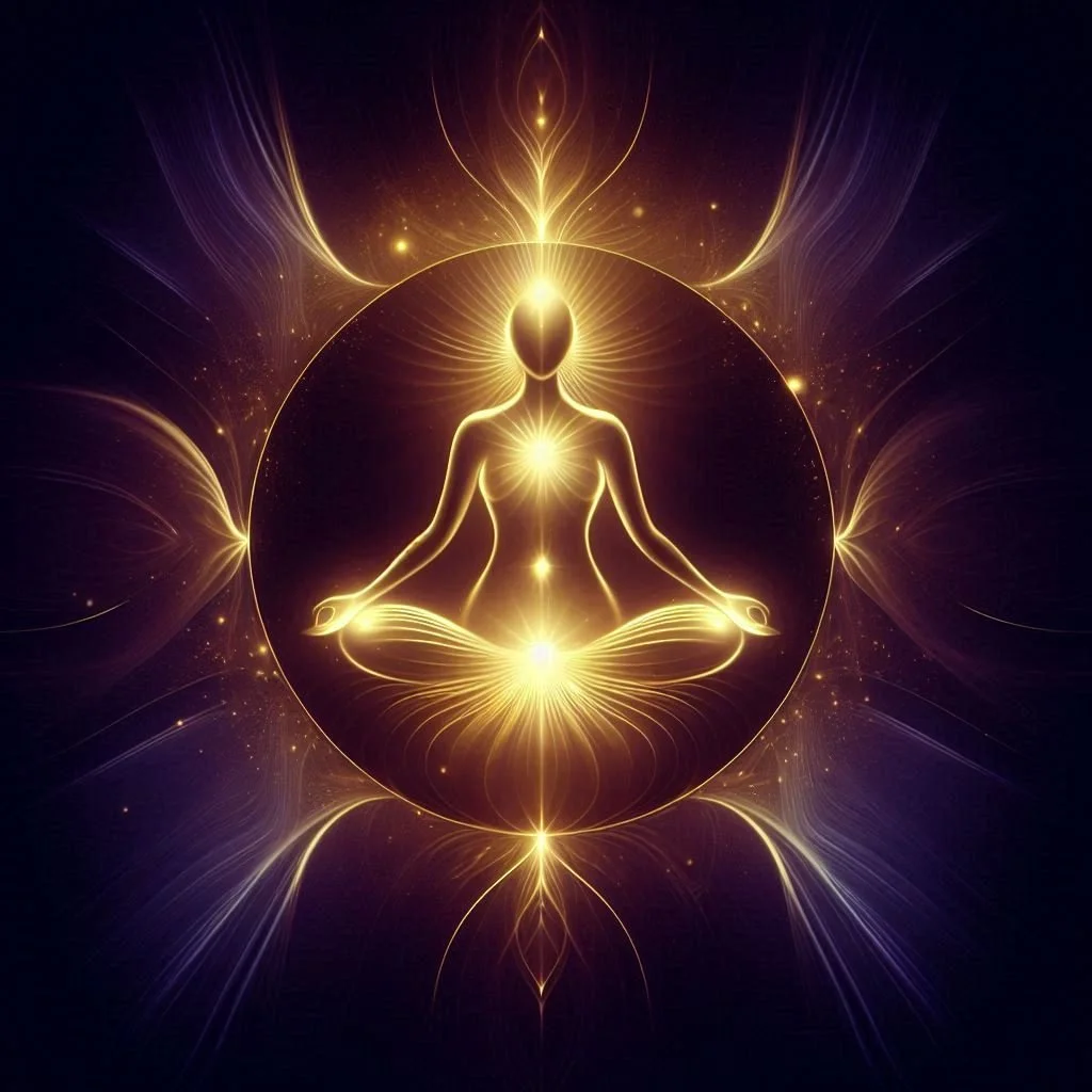 A glowing, digital illustration of a person meditating in a cross-legged pose, with chakras activated, surrounded by radiant light and energy patterns, symbolizing spiritual enlightenment and inner peace.