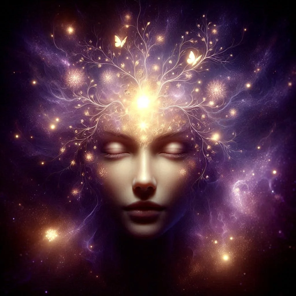 A woman's face with closed eyes surrounded by glowing, swirling lights, stars, and butterfly shapes in a cosmic, abstract scene.