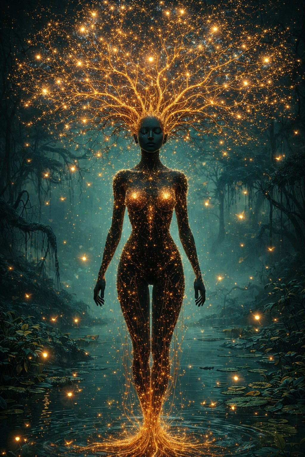 Woman's figure that is a tree with roots as feet and hair as branches