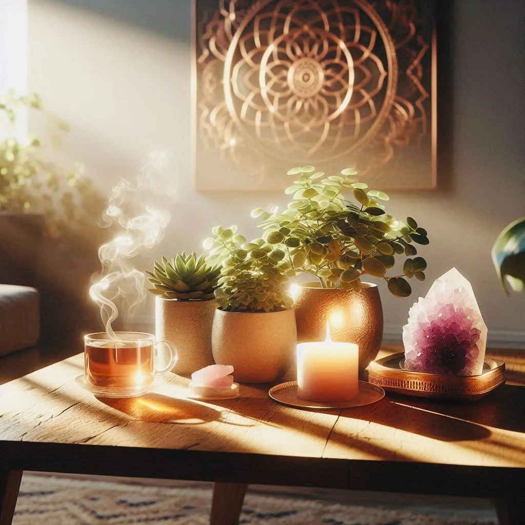 A wooden table with lit candles, potted succulents, a steaming cup of tea, and a pink crystal on a tray. Sunlight streams in, illuminating the scene with a warm glow and shadows.