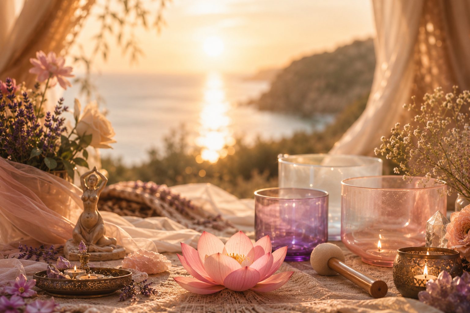 Decorative scene with flowers, candles, and crystals on a cloth by a window with sunset view of water and cliffs