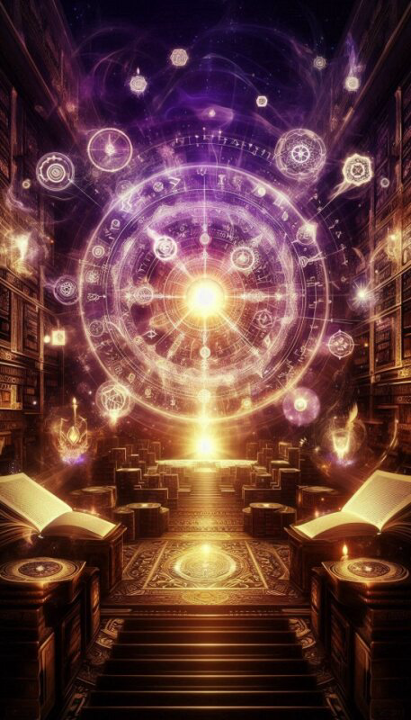 A mystical library with glowing books and symbols, featuring a luminous clock and cosmic light in the background.