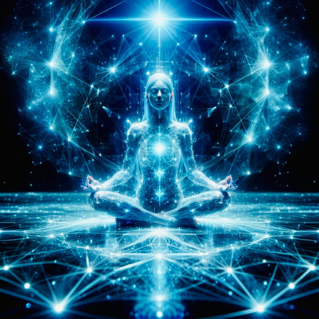 A digital, glowing representation of a person meditating in a lotus position surrounded by interconnected light patterns and stars, with a bright light above their head.