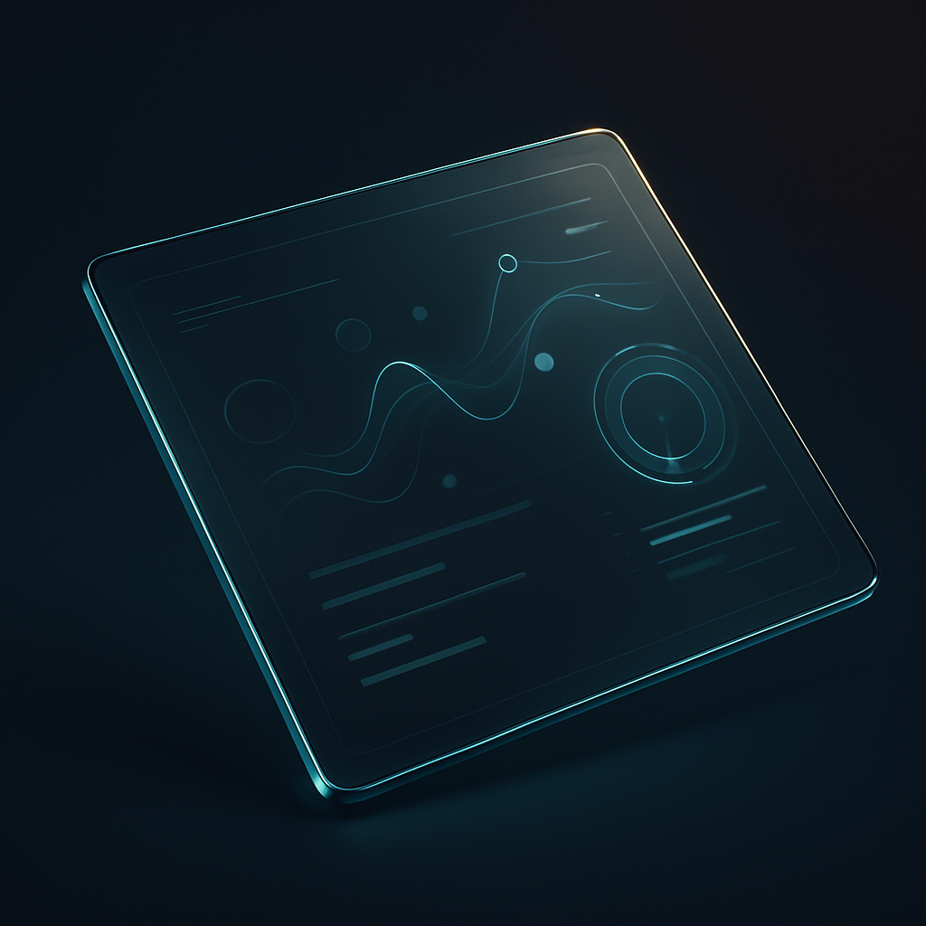 A futuristic tablet or touchscreen device with holographic interface, glowing with blue light, displaying graphs and circular graphics on a dark background.