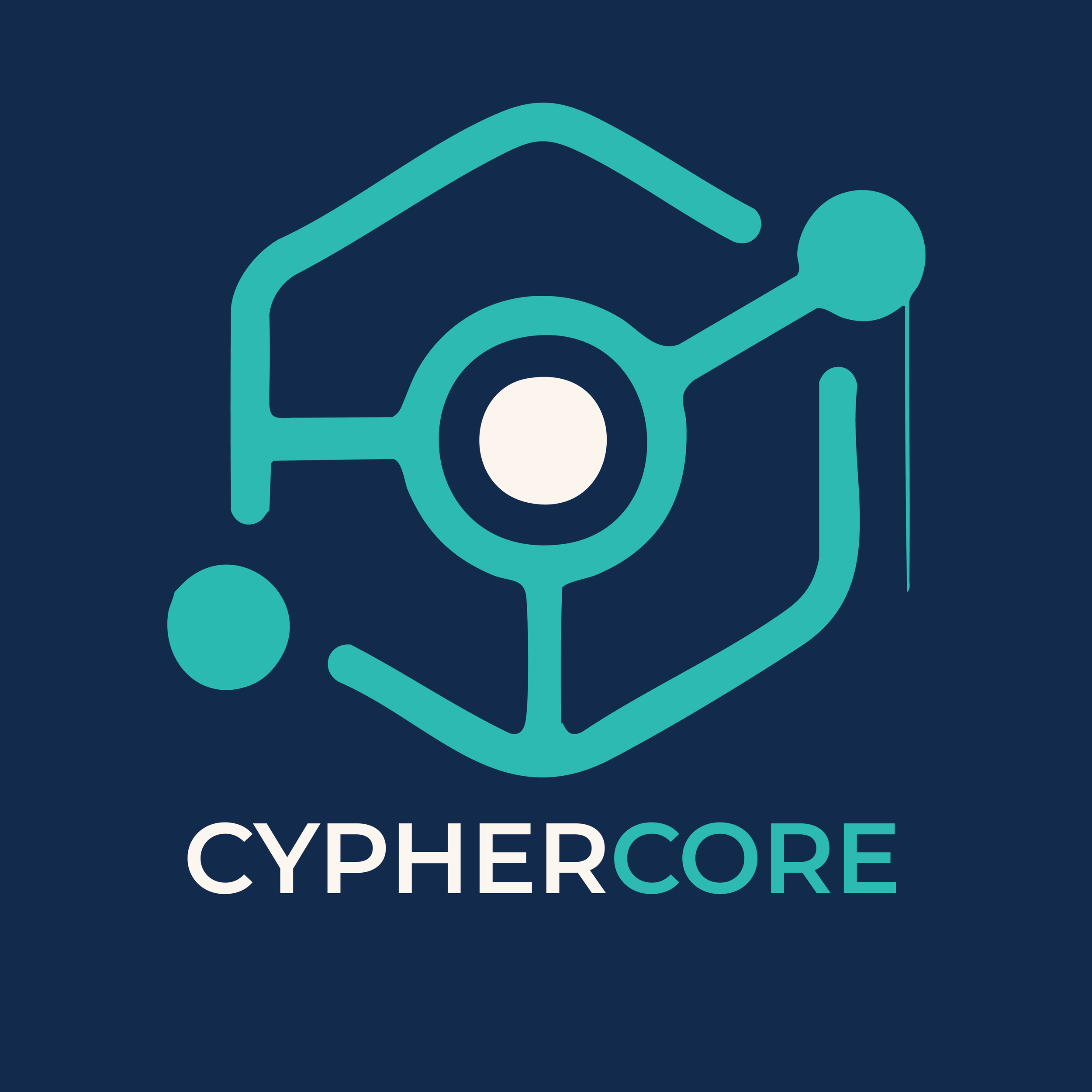 Logo for CypherCore featuring a geometric hexagon with interconnected circles and lines in shades of blue and teal.