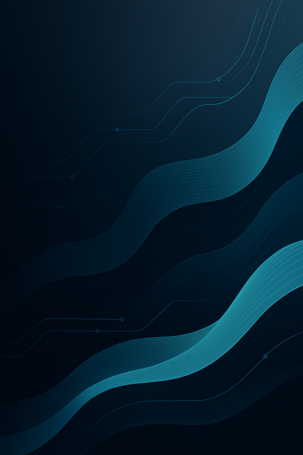 Dark blue abstract background with flowing wave-like lines and dotted circuit patterns.