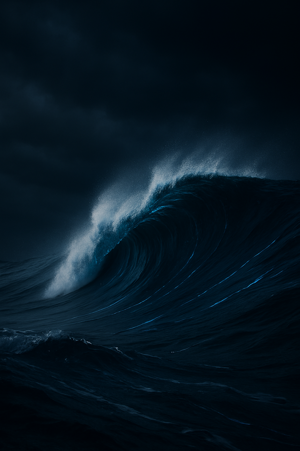 A large, dark ocean wave with a curling crest, against a stormy, dark sky.