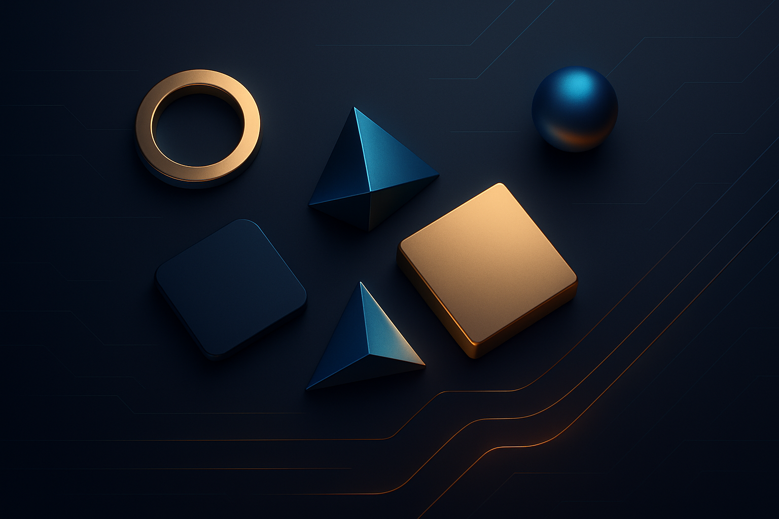 Digital 3D abstract geometric shapes including a circle, cube, sphere, tetrahedrons, and a square on a dark background with glowing circuit-like lines.