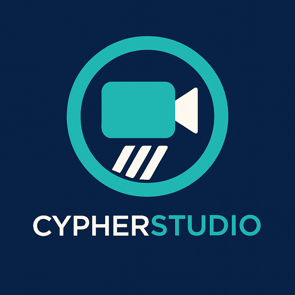 Logo for Cypher Studio featuring a camera icon with circular design and stylized film strips, with the text 'CYPHERSTUDIO' below.
