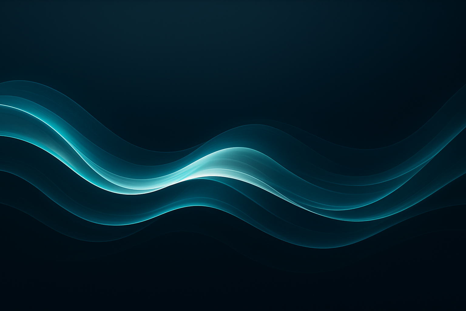 Dark background with glowing blue, white, and teal wavy lines flowing horizontally across the image.
