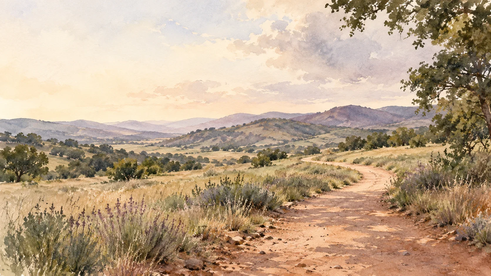 A watercolor trail winding through open grasslands toward distant foothills.