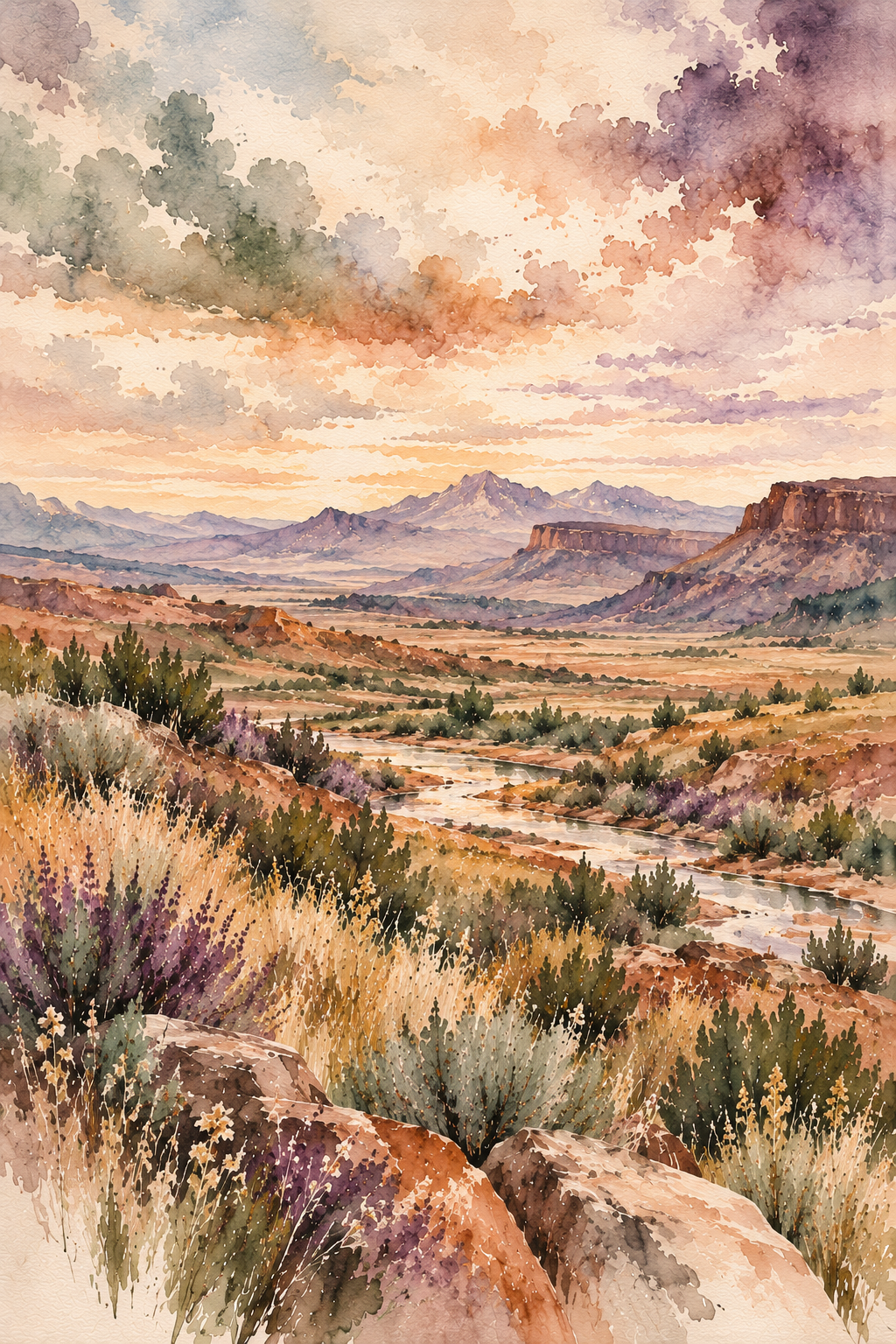 Original watercolor of a golden mesa valley, distant mountains, and wildflowers.