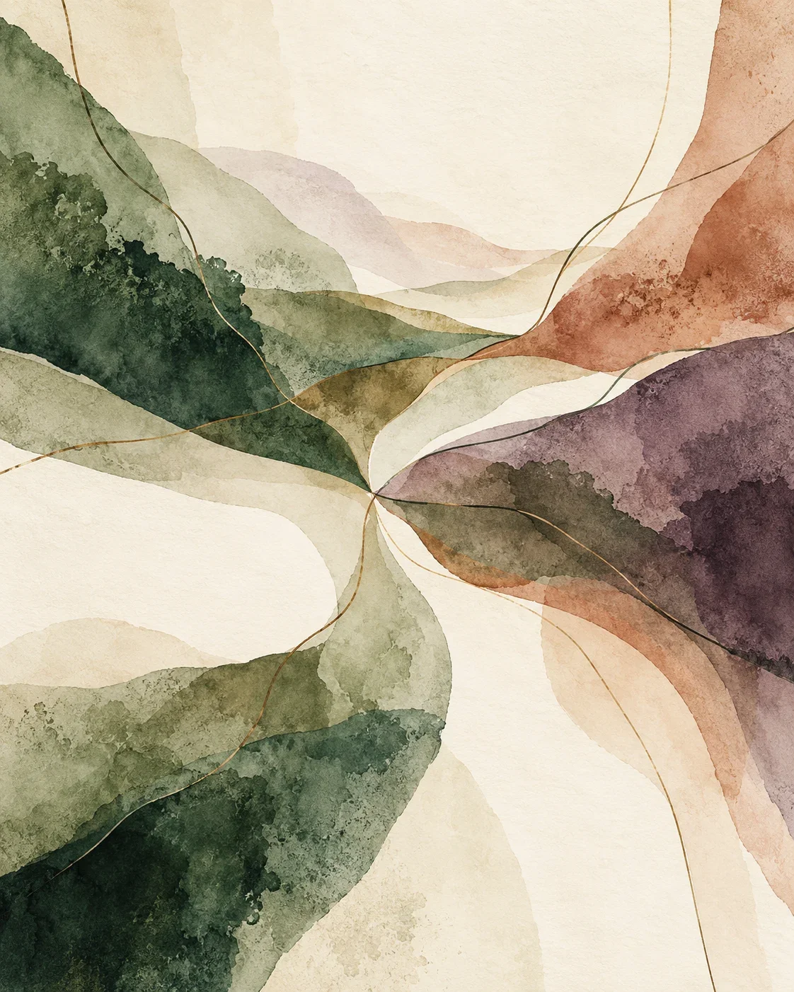 Overlapping watercolor forms in forest green, terracotta, and muted plum, joined by organic lines.