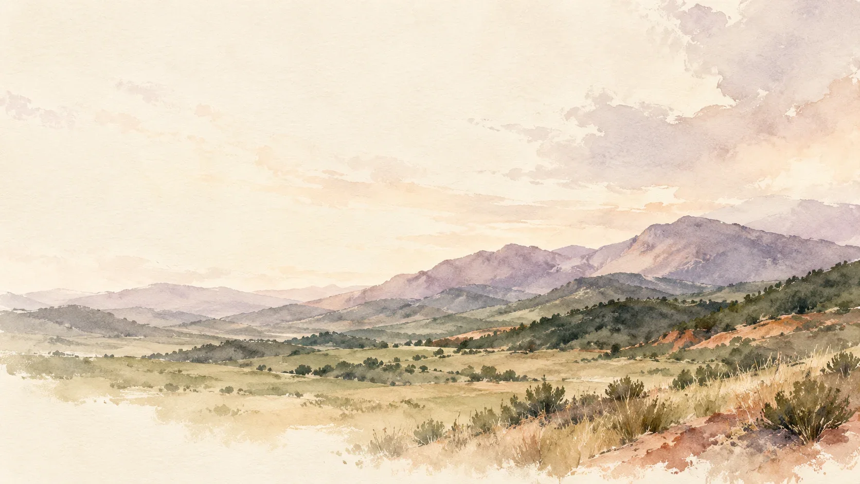 Atmospheric watercolor of open grasslands and distant foothills in muted green, terracotta, and plum.