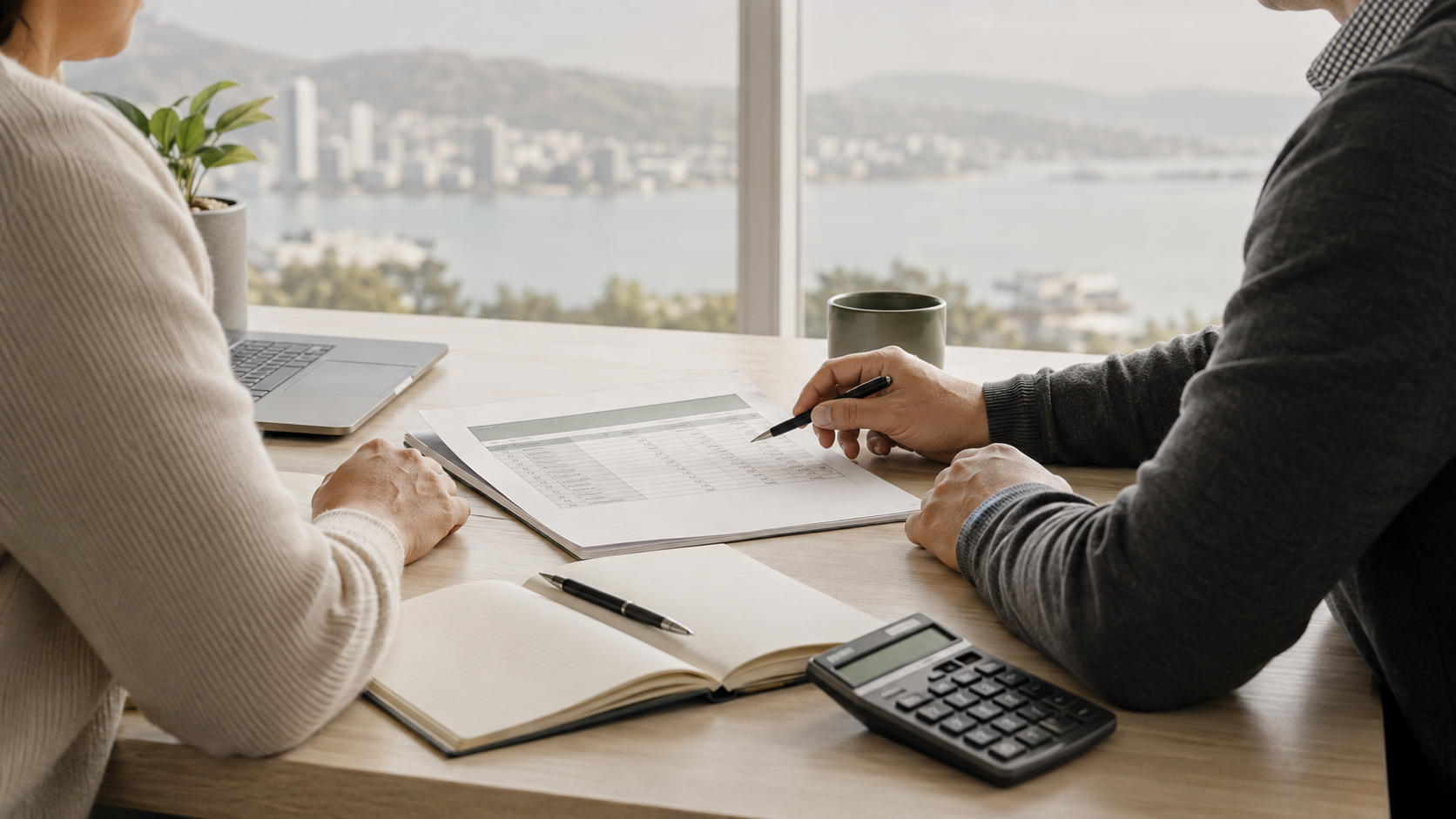 Accountant and small-business owner reviewing financial records in a New Zealand office.