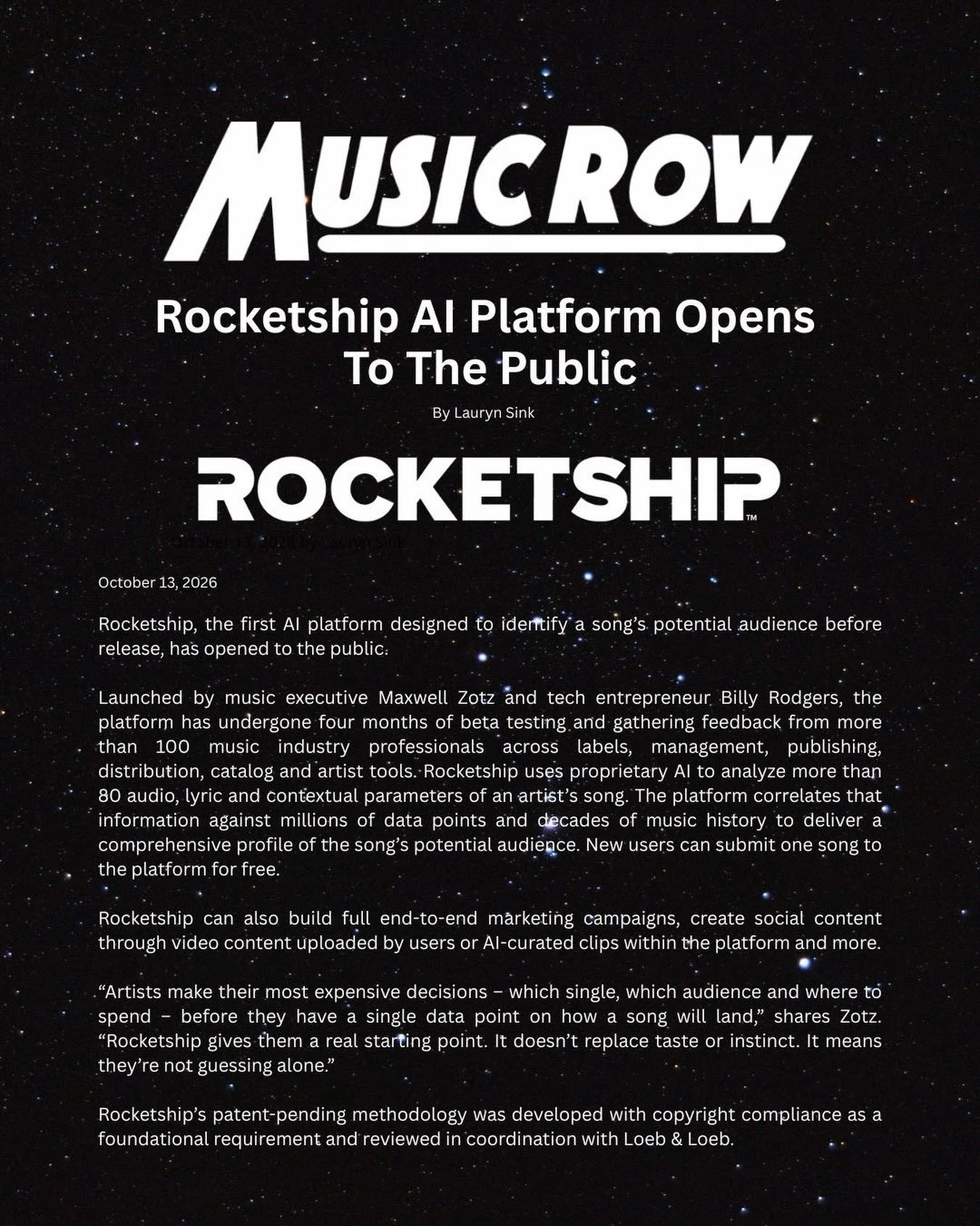 Rocketship is officially live! 🚀 The new AI-powered platform is now open to the public, giving artists and music industry professionals a way to discover a song&rsquo;s potential audience before it&rsquo;s even released. Analyze your first song for 