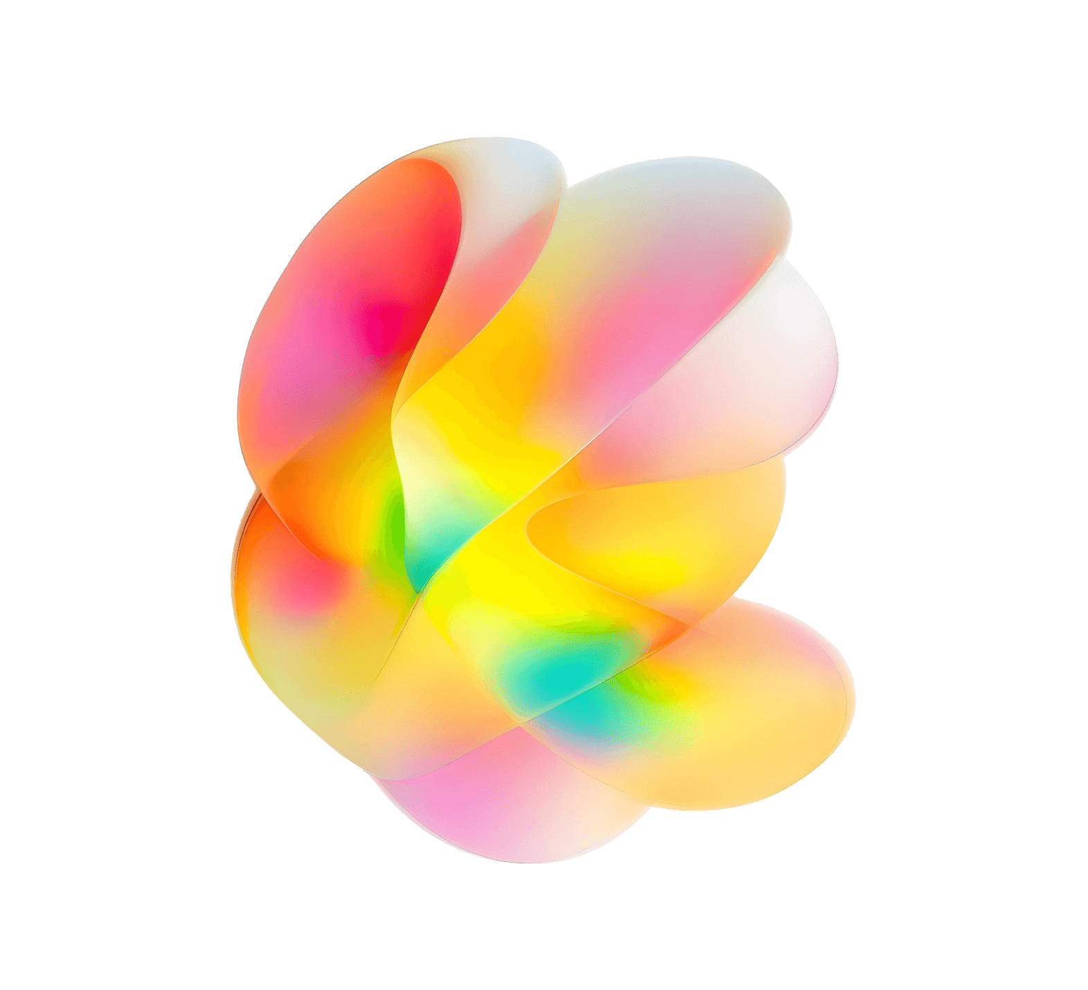 Objeto digital multicolor con formas suaves y fluidas, en tonos pastel y neón, sobre fondo negro.