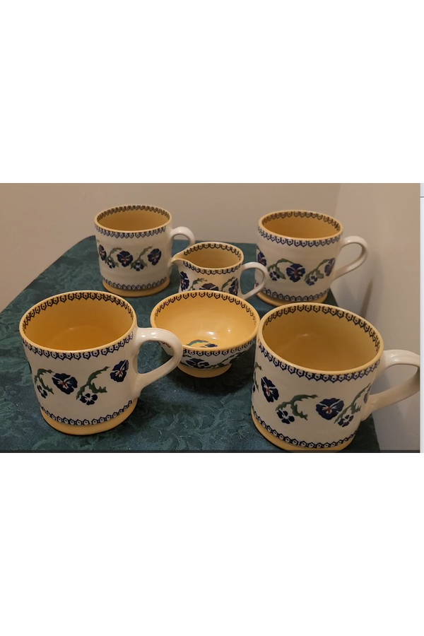 Nicholas Mosse Irish Pottery Pansy Pattern Set with Four Mugs, Creamer, and Bowl