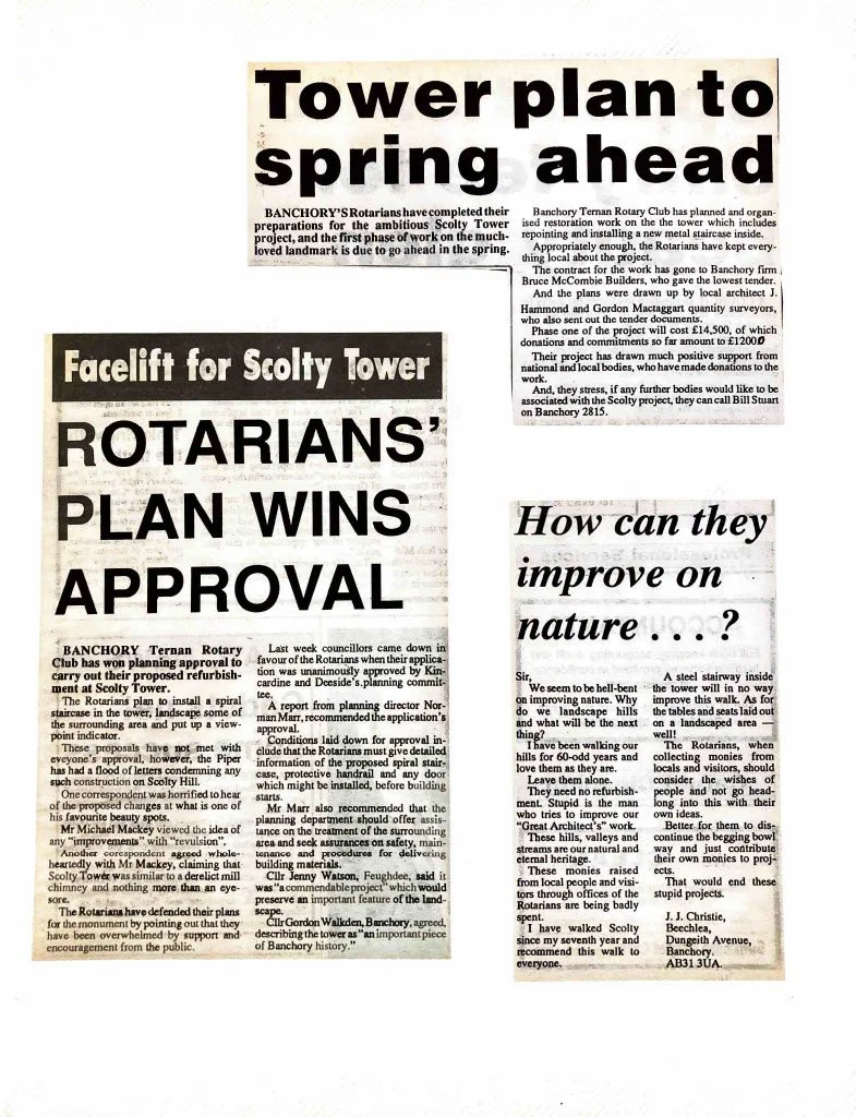 A newspaper article titled "Tower plan to spring ahead" about the Rotarians' plans for Scolty Tower project in Banchory featuring a large headline, subheadings, and multiple columns of text.