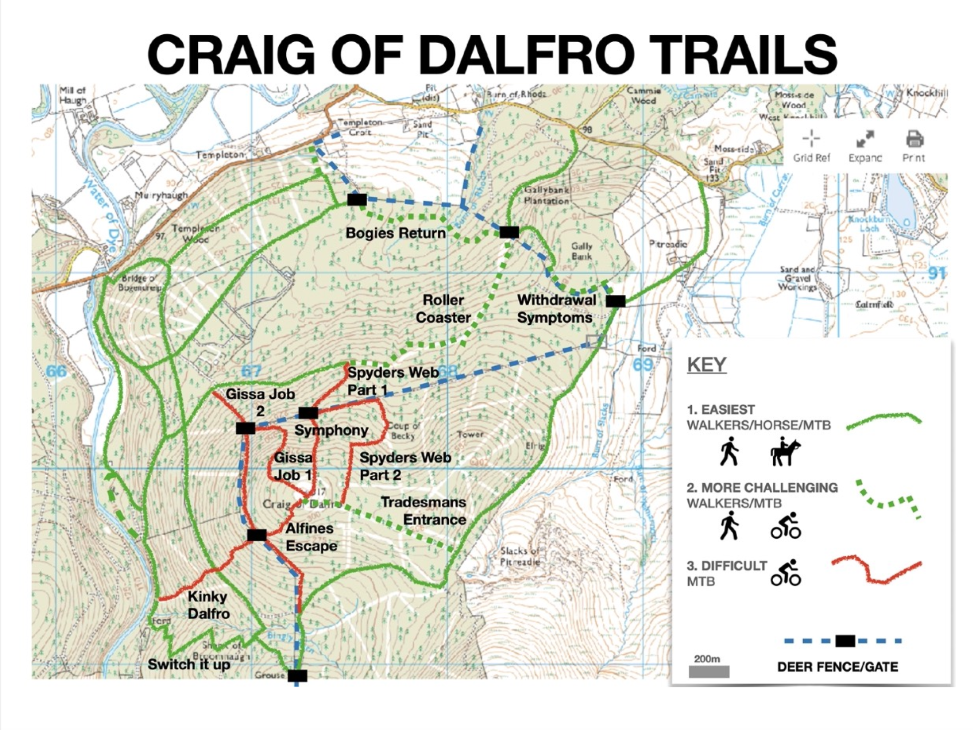 Map of Craig of Dalfro Trails showing various trail routes, key points, and features, with different trail difficulty levels indicated by color and icons.