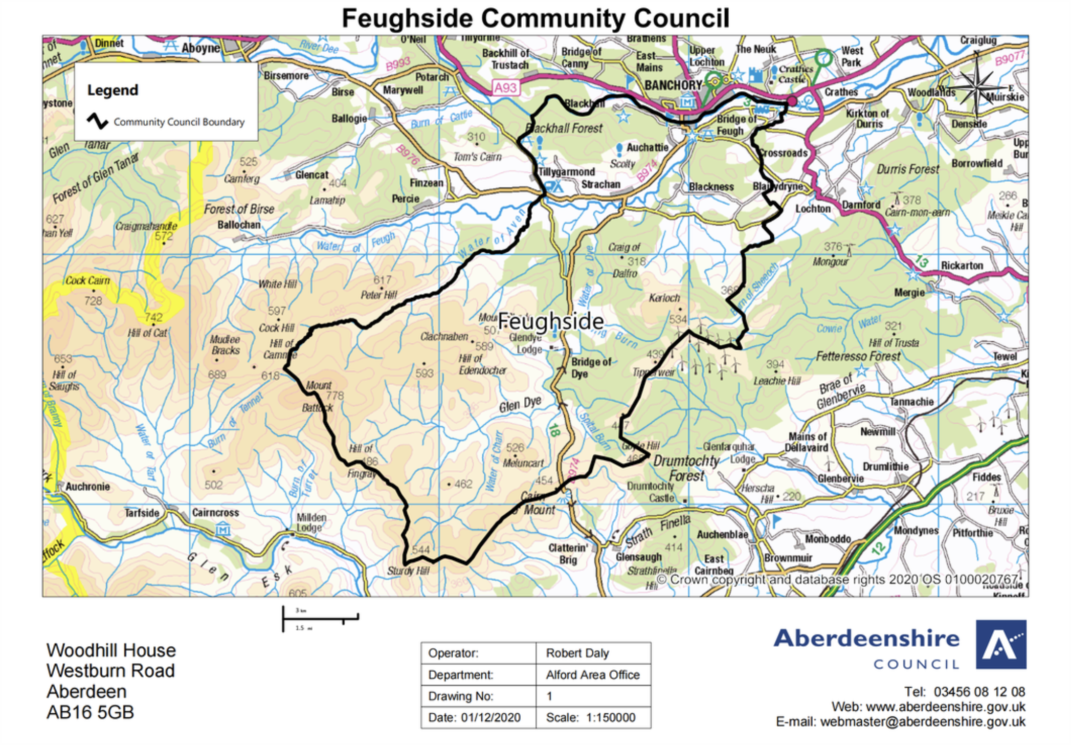 Map of Feughside area with community council boundary outlined in black, showing local roads, forests, and geographic features. The map includes the town of Banchory, surrounding forests, and highlights key landmarks.