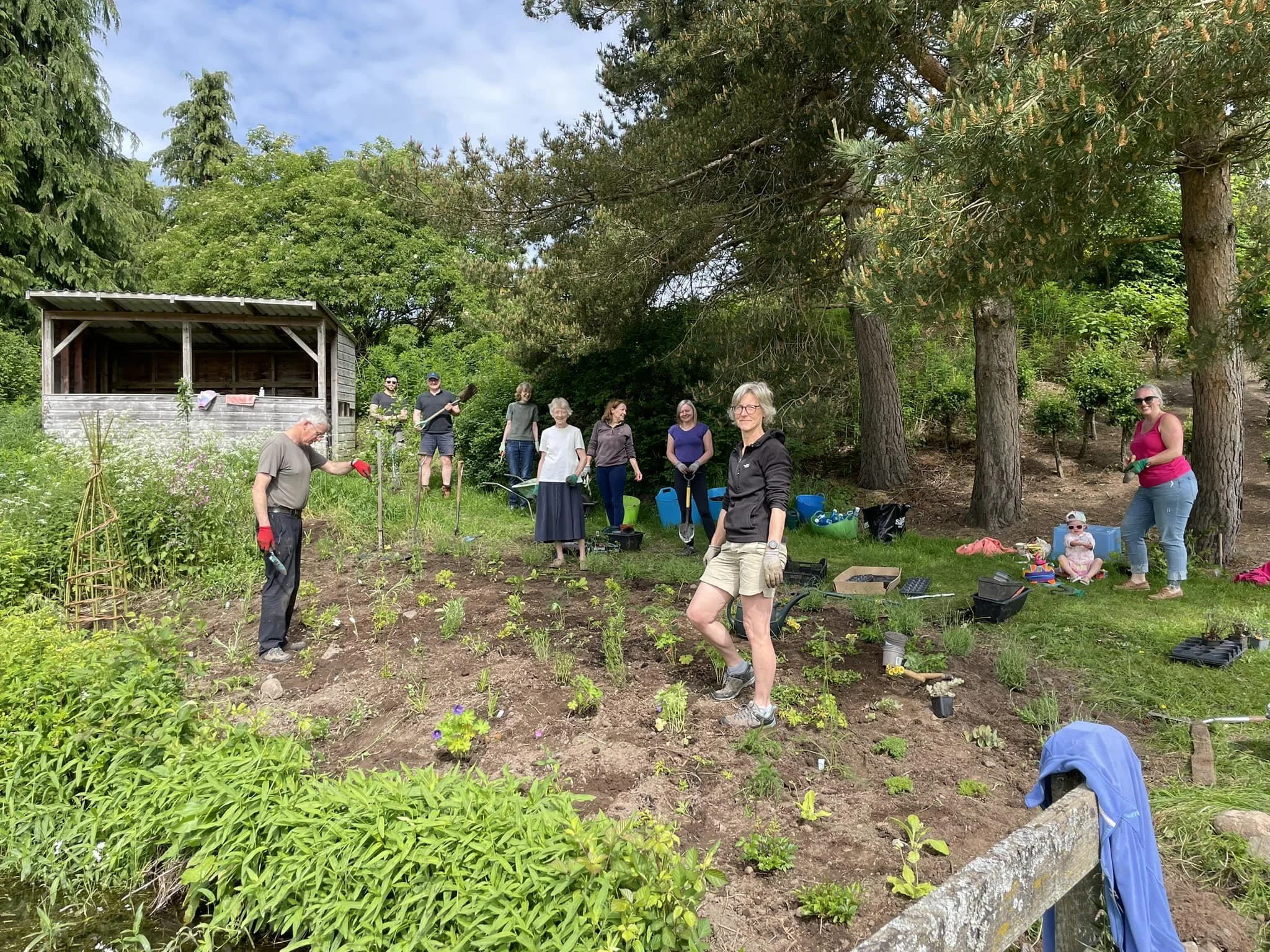 A group of people at Feughside community garden, gardening outdoors, planting and tending to a garden bed with small plants, surrounded by trees and greenery, with gardening tools and supplies nearby.