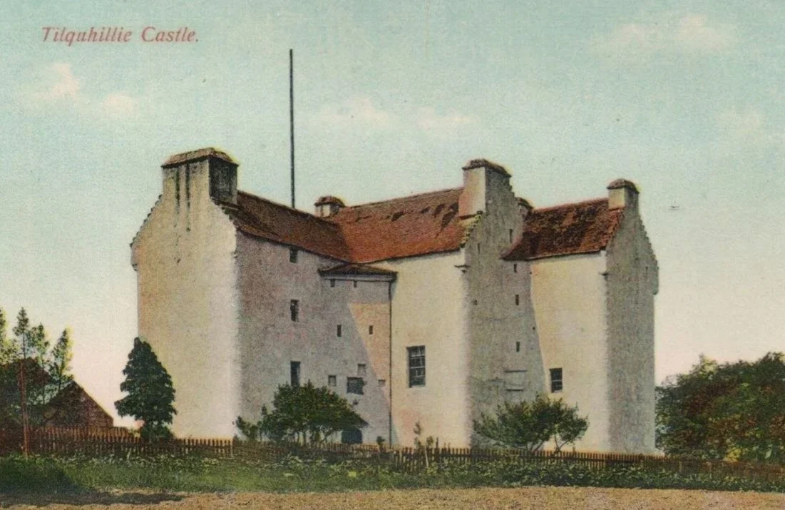 Illustration of Tilquhille Castle with white walls, red roof, surrounded by trees and a wooden fence, under a blue sky.