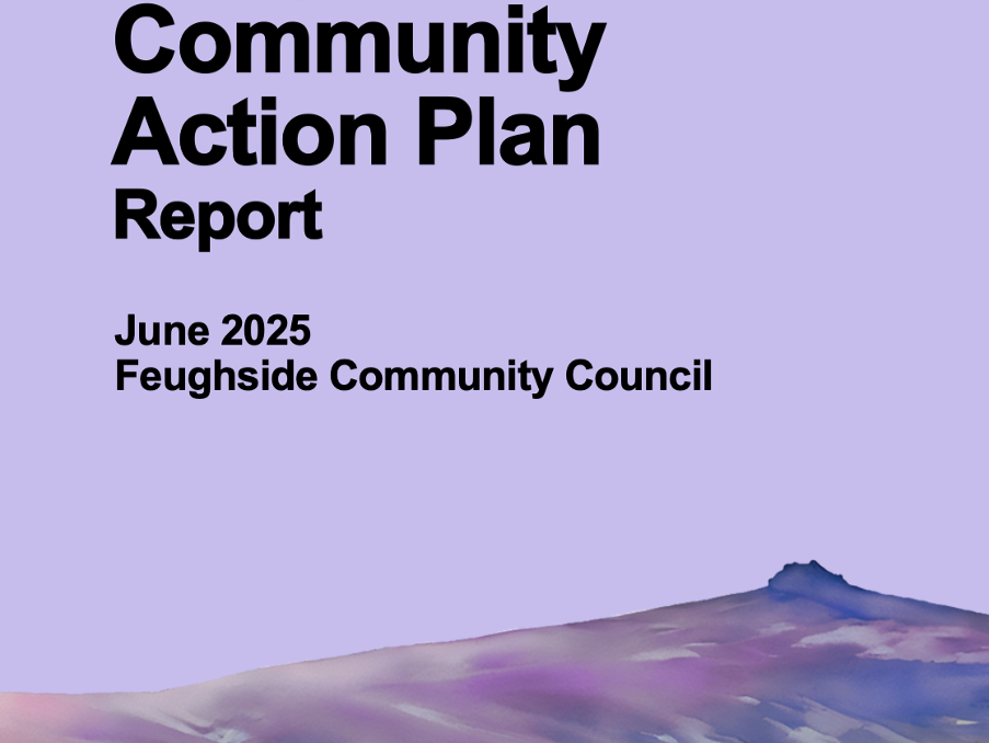 Cover page of a community action plan report titled 'Community Action Plan Report June 2025 Feughside Community Council' with a purple mountain landscape at the bottom.