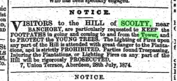 A vintage notice about visitors to Scolty Hill and Tower near Bancorry, advising to keep off the footpaths, watch for fires, and prohibit trespassing, dated July 28th, 1874.