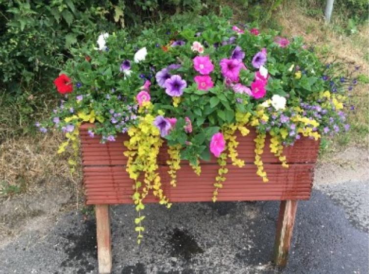 Colourful flowers in a large wooden planter on supports, in Strachan Village, placed alongside a paved path with grass and bushes in the background. Created by Strachan Flowers Group, part of Feughside Community Asscoiation.