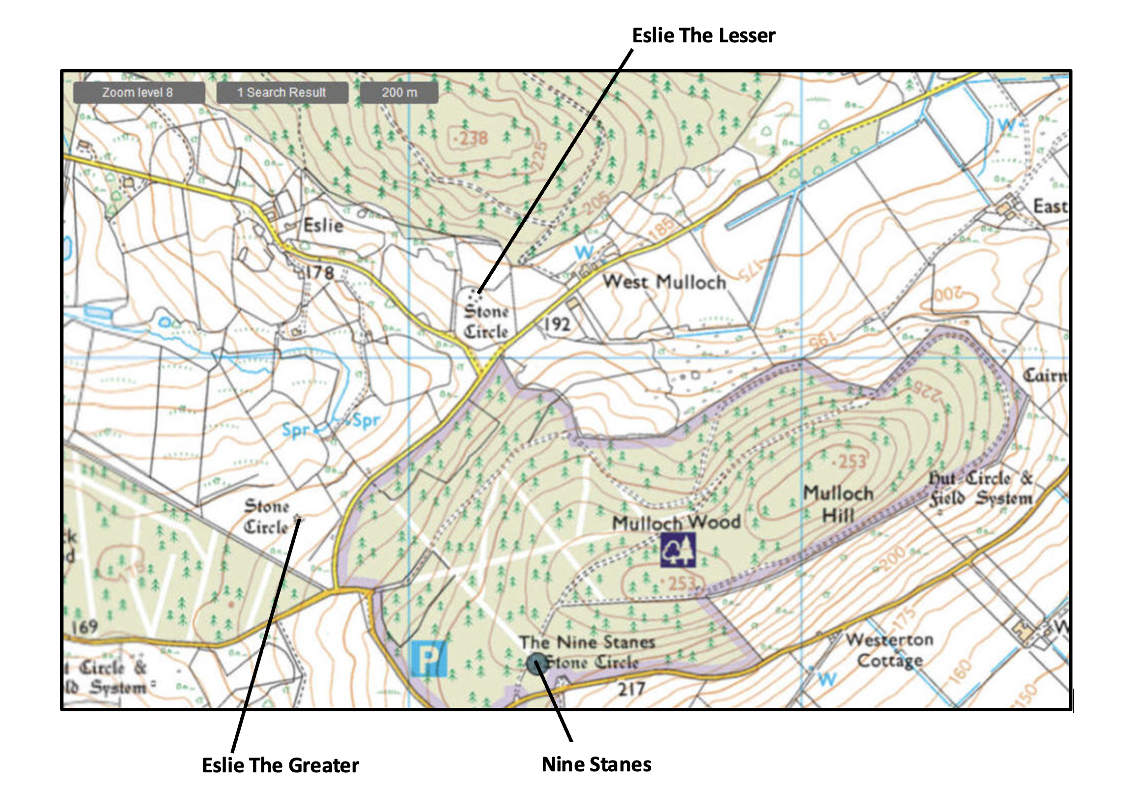 Topographic map of Mulloch Hill and surrounding areas with points of interest labeled, including Eslie The Greater, Eslie The Lesser, Nine Stanes, and Mulloch Wood. The map features roads, trails, contour lines, water features, and a parking area.
