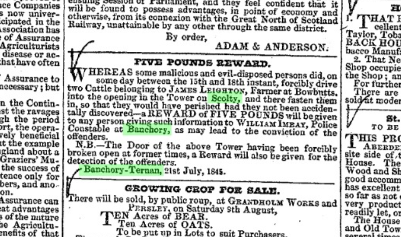 A page from an old newspaper with an article describing a reward for information leading to the conviction of persons involved in a crime involving Scolty Tower, and a sale of growing crops such as oats.
