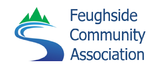 Feugside Community Association logo with a mountain, river, and pathway illustration