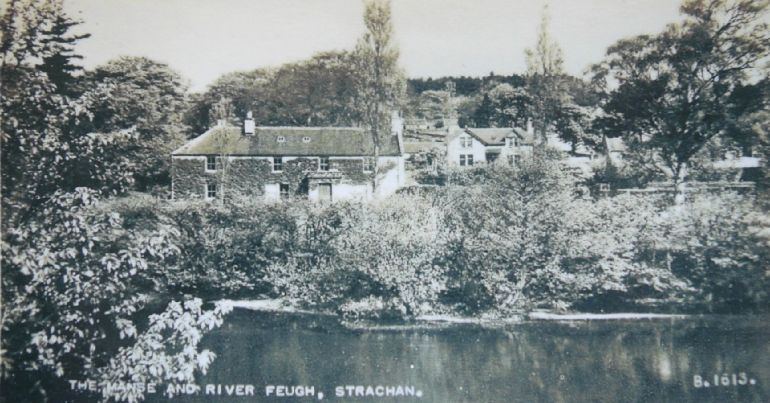 A black and white photo of houses surrounded by trees near a river, with the name 'Strachan' and nearby Feugh River called out in the caption.