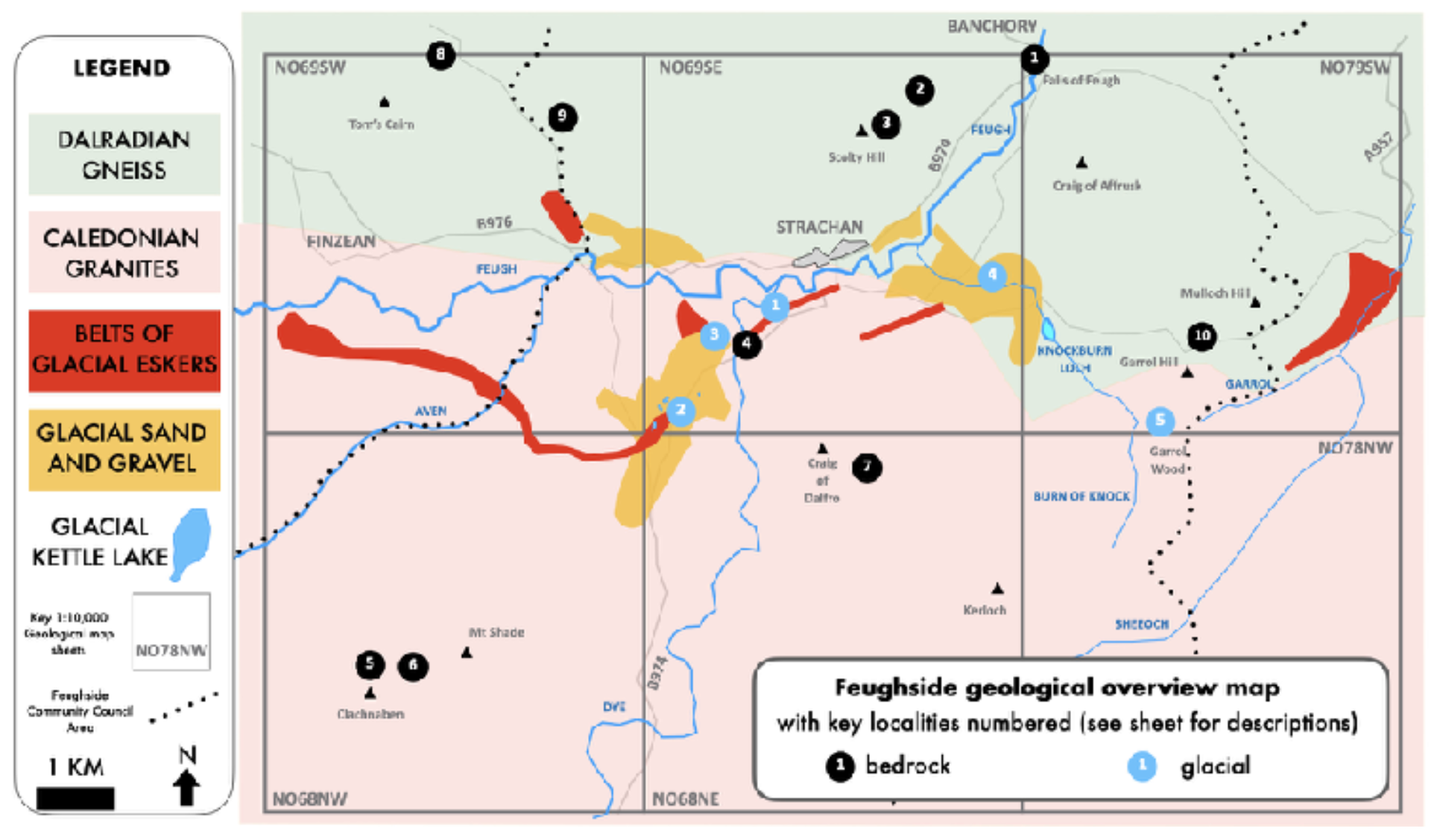 Feugside geological overview map showing different geological zones, key localities numbered, and symbols for bedrock and glacial features, with a legend and north arrow for orientation.