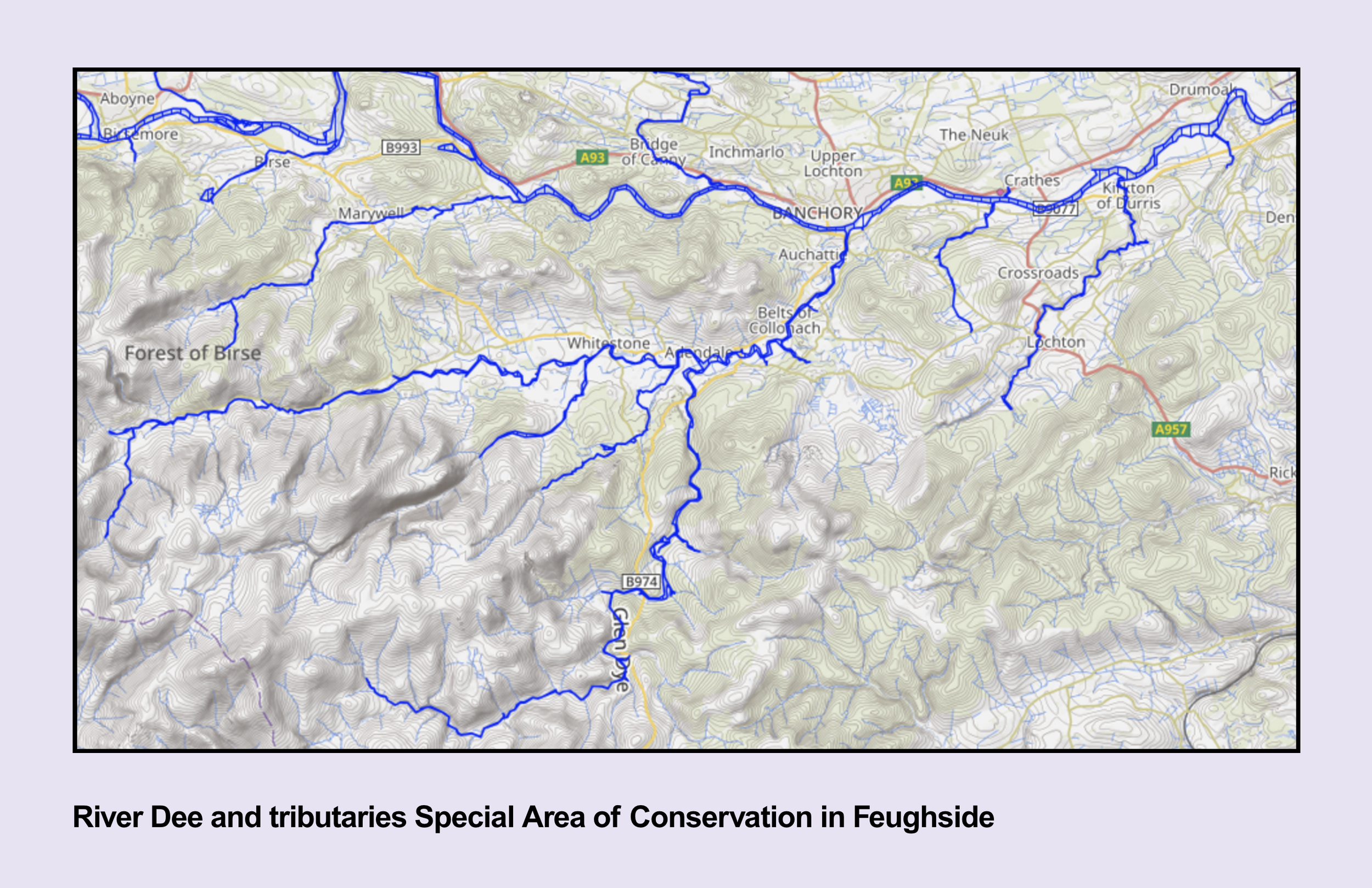 Map showing the River Dee and tributaries within a Special Area of Conservation in Feughside, with terrain details and surrounding locations.