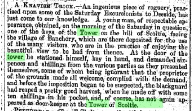 Historical text describing an observation of a tower on the hill of Scolty, facing the village of Banchory, with mention of the tower's usage and the observer's actions.