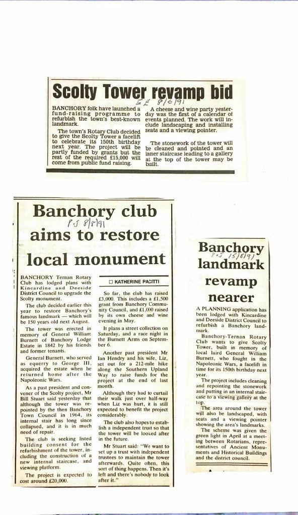 Two newspaper articles about the revamp of Scolty Tower near Banchory and local monument restoration.