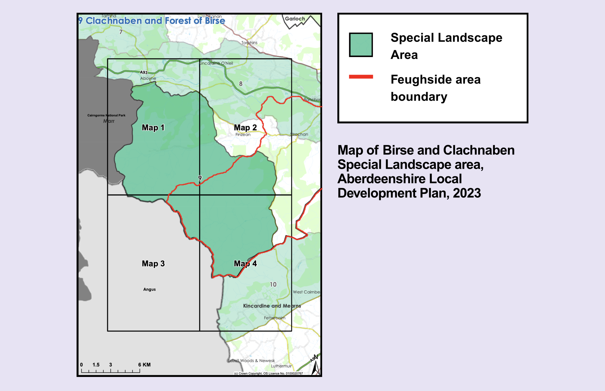 Map of Birse and Clachnaben Special Landscape area in Aberdeenshire, showing boundaries with a red line and a shaded green area indicating the special landscape zone, with four labeled maps and a legend on the right.