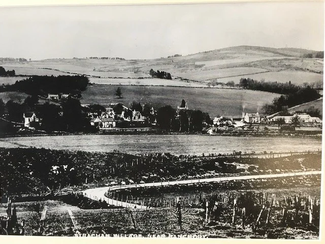 Black and white photograph of a rural landscape with hills, fields, a vineyard, and houses in the distance.