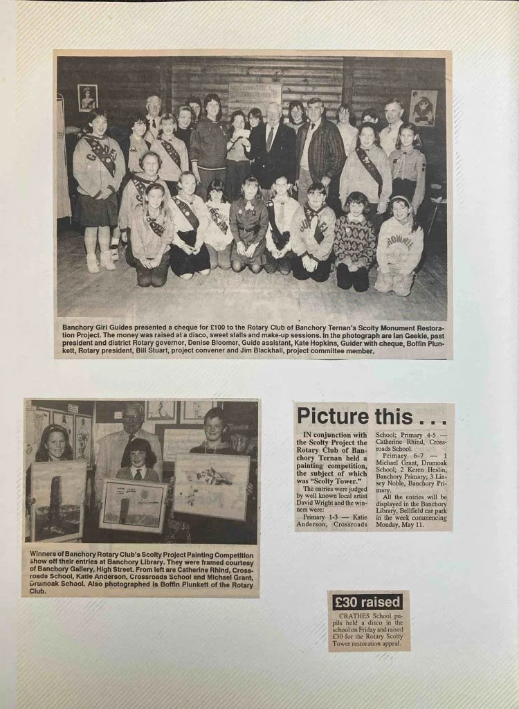 Black and white group photograph of people, including children and adults, at a Rotary Club event in Banchory for Scolty Tower. Also includes a photo of children holding framed artwork and text about community activities and fundraising.