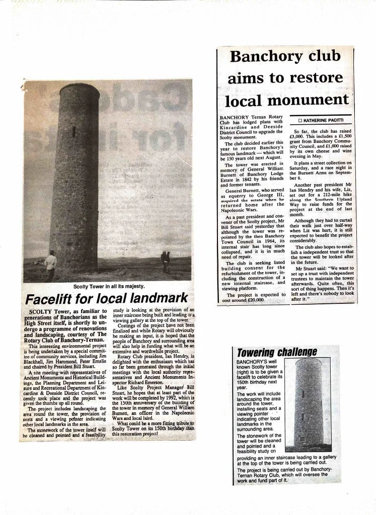 Newspaper article about the restoration of the Scolty Tower, a local landmark in Banchory, including details about the project, its history, and upcoming celebrations.