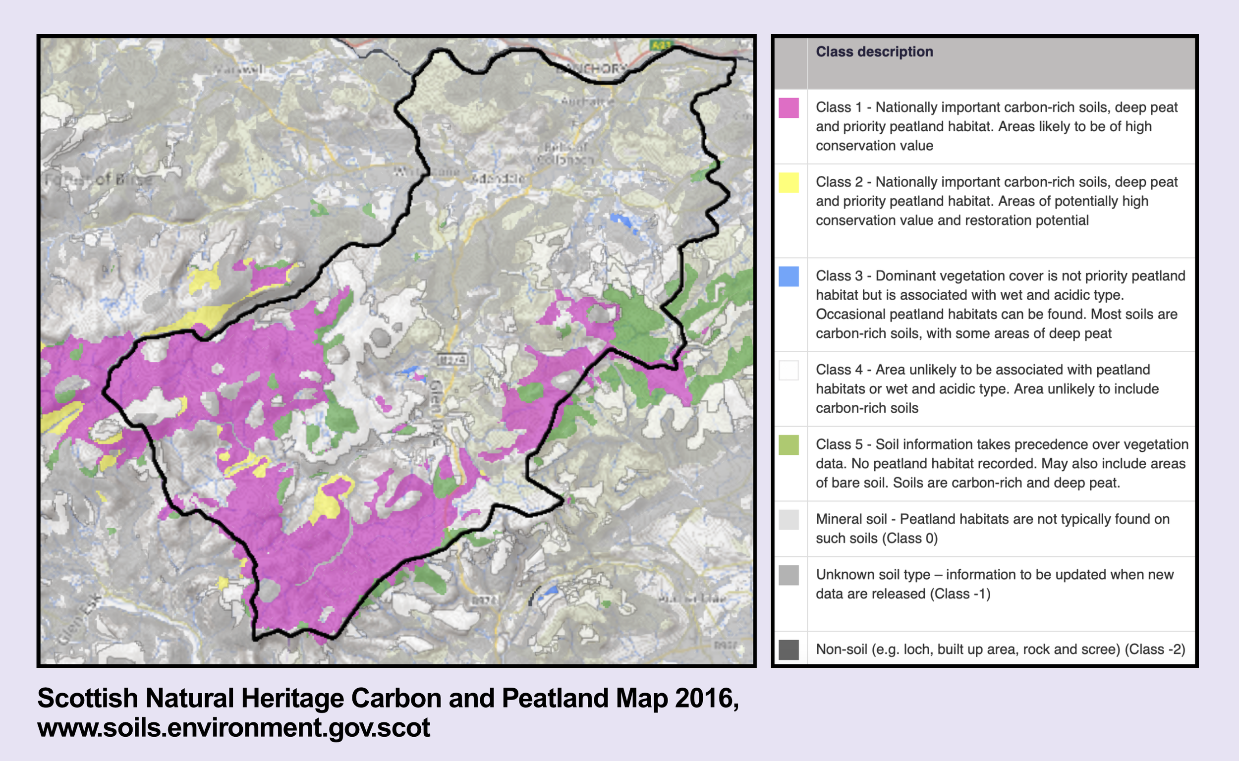 Map of Scotland showing different soil and peatland classes for carbon-rich soils and habitats, with a legend indicating the classification categories such as carbon-rich peats, wet acid soils, and areas unlikely to be peatlands based on color codes.