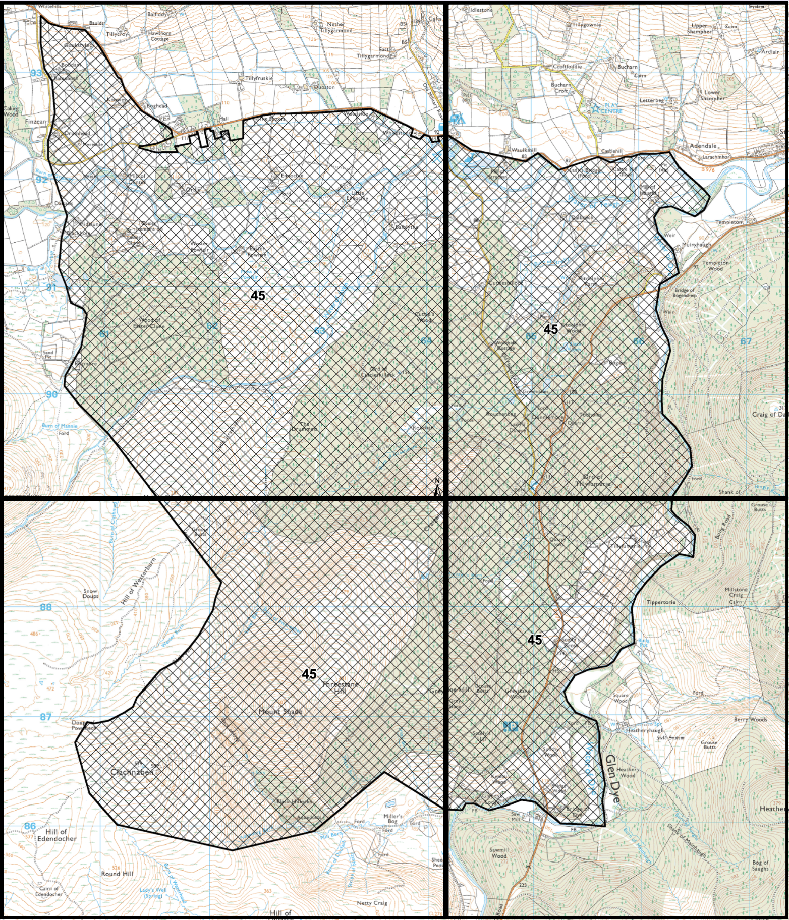 A topographic map with grid lines, marking boundaries, elevation contours, streams, and various landmarks in a rural area.