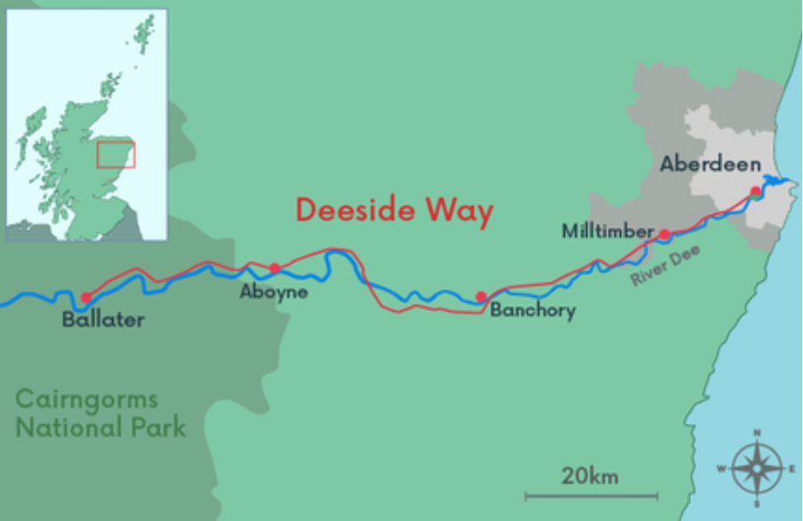 Map of the Deeside Way route in Scotland, showing towns Ballater, Aboyne, Banchory, and Milltimber along the River Dee from Cairngorms National Park to Aberdeen with a scale of 20km and a compass rose.