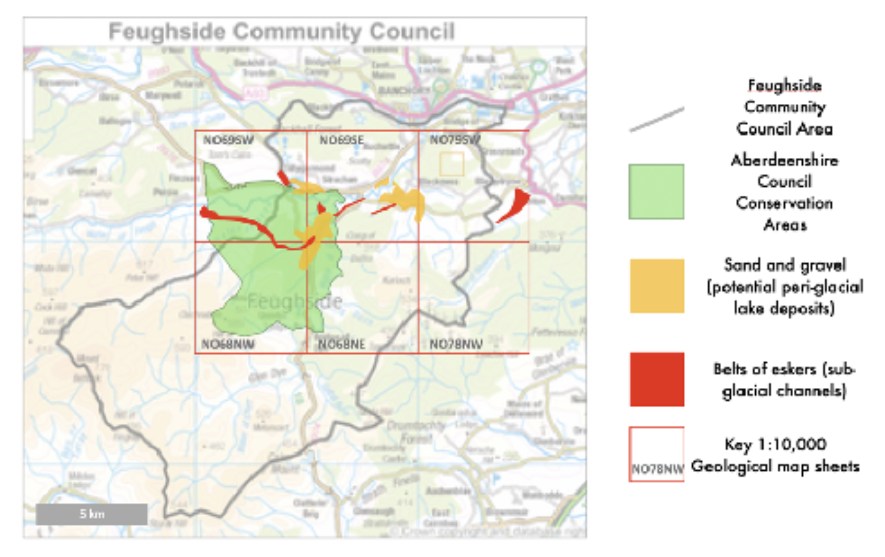 Map of Feughside with geologic map sheets outlined, showing conservation areas in green, potential lake deposits in yellow, sub-glacial channels in red, and a key indicating map scales and labels.