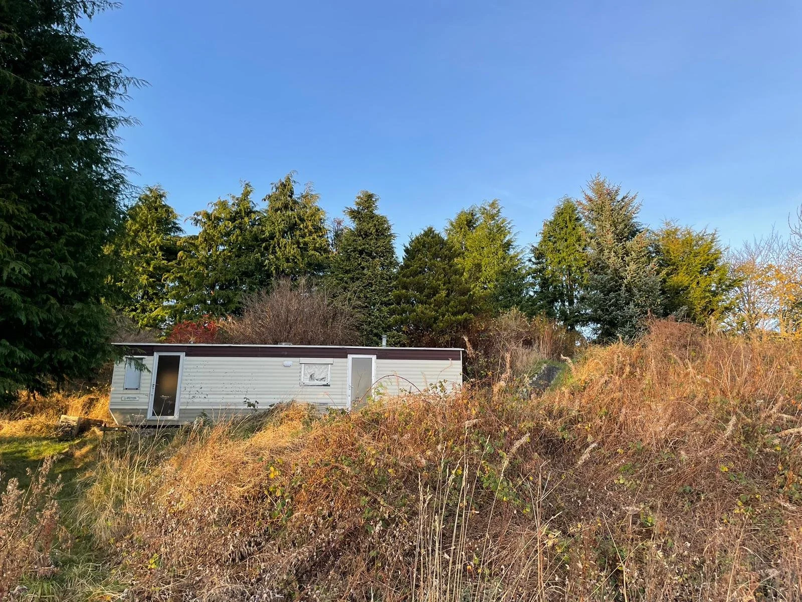 Feughside/Strachan Community Garden. A white mobile home situated on a slight hillside with overgrown dry grass and bushes in the foreground, surrounded by green trees under a clear blue sky.