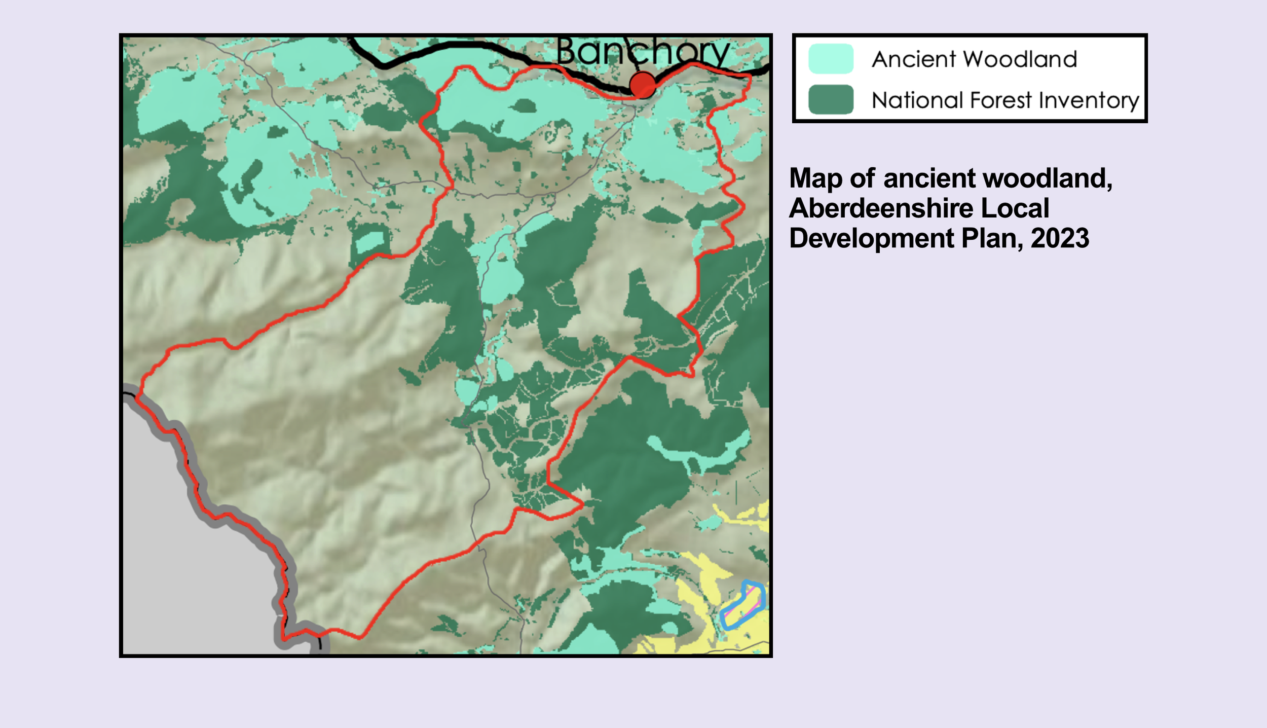 Map showing ancient woodland and national forest inventory in Aberdeenshire as part of the 2023 local development plan, with a red boundary line and a red dot marking Banchory, and a legend indicating colors for ancient woodland and national forest inventory.