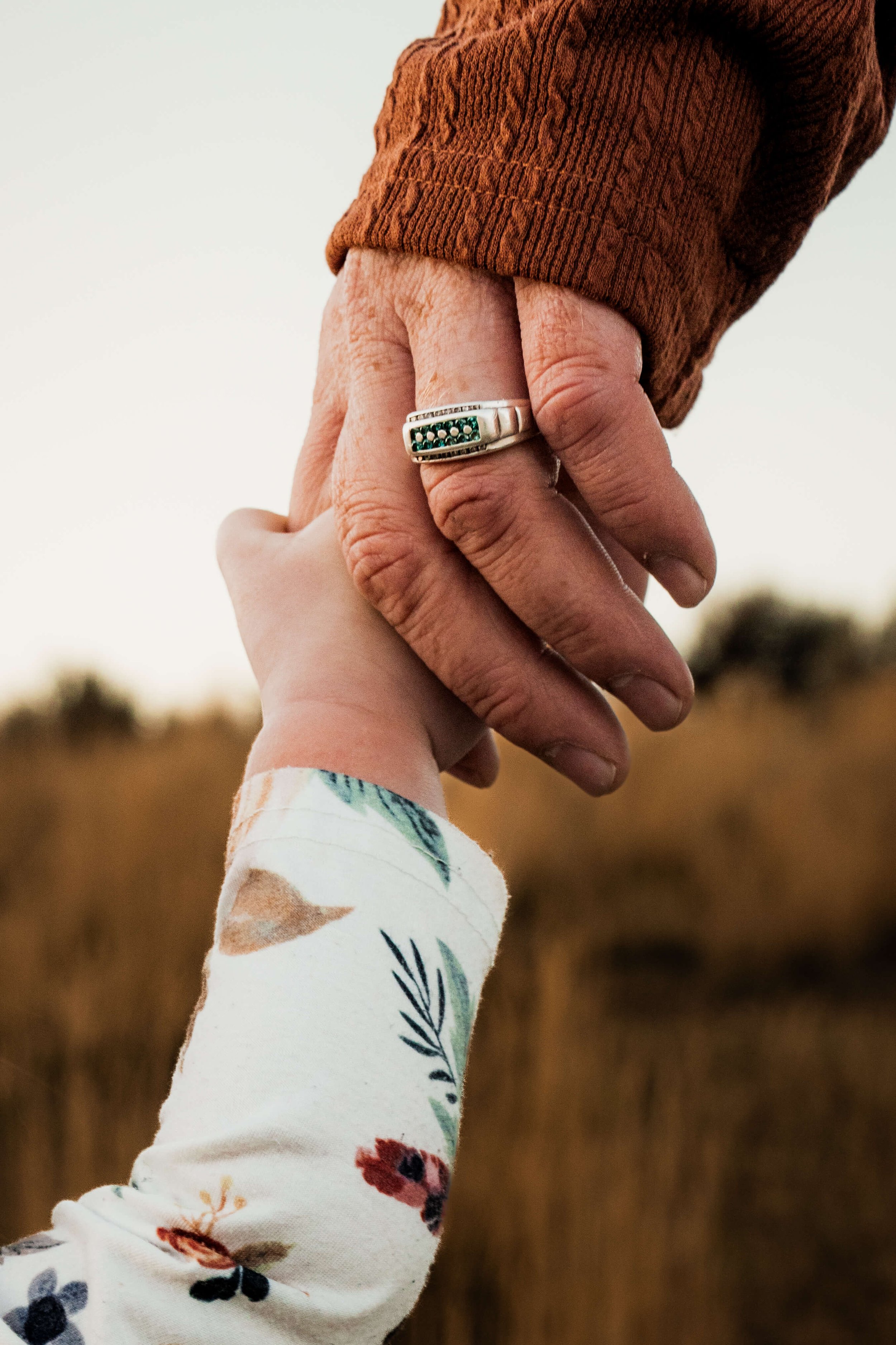 Close-up of two hands holding each other, one adult's and one child's, in a field during sunset. The adult's hand has a ring with green gemstones, and the child's hand is wearing a floral-patterned sleeve.