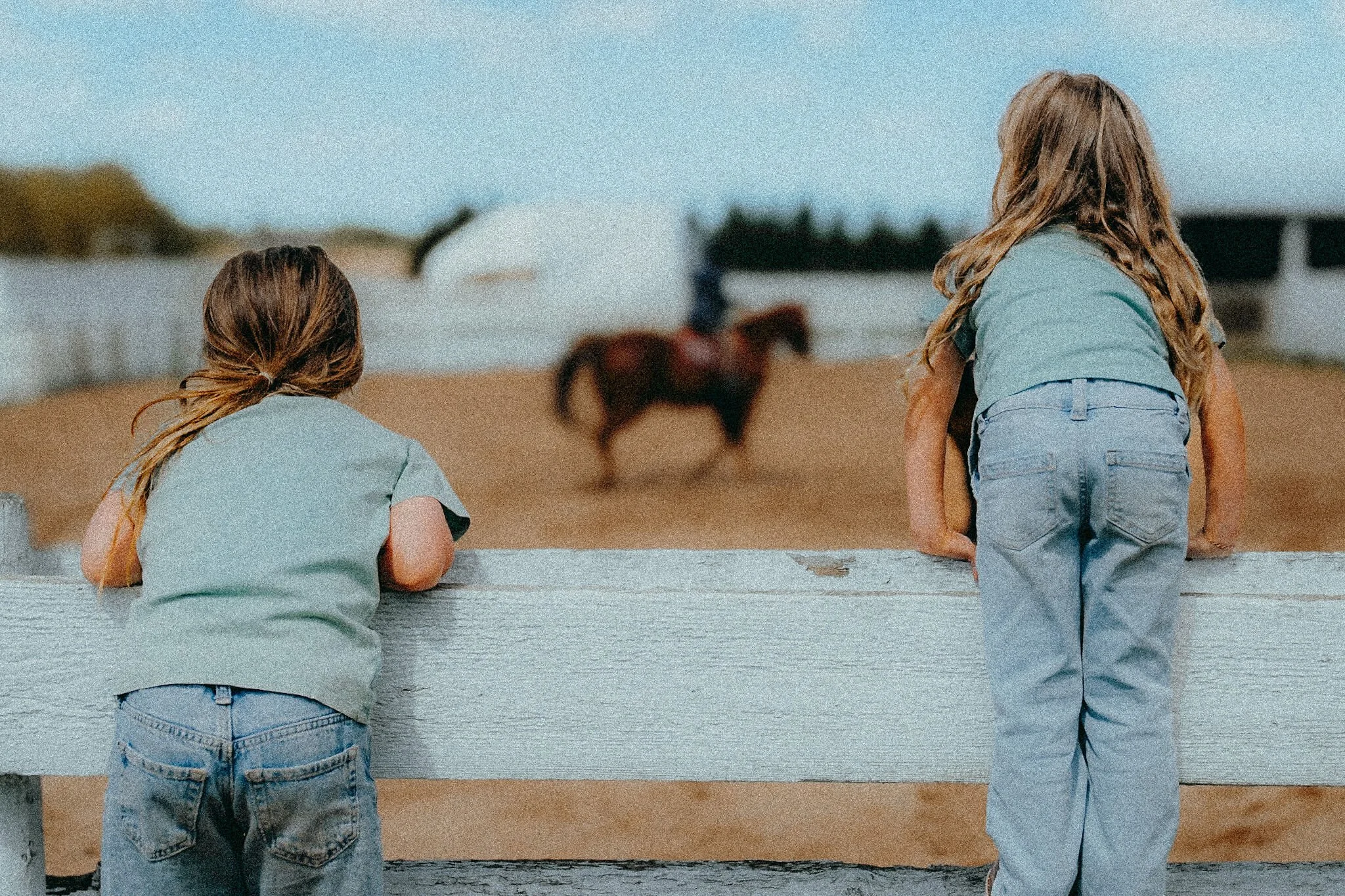 Two children leaning on a wooden fence watching a horse in a paddock.